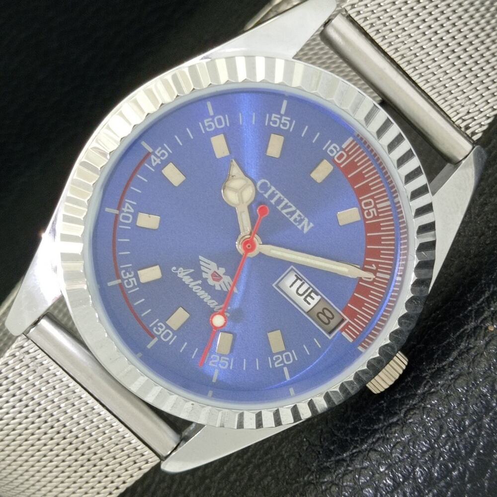 Vintage 1976 Citizen Automatic Mens Silver Watch W/daydate & Blue accents